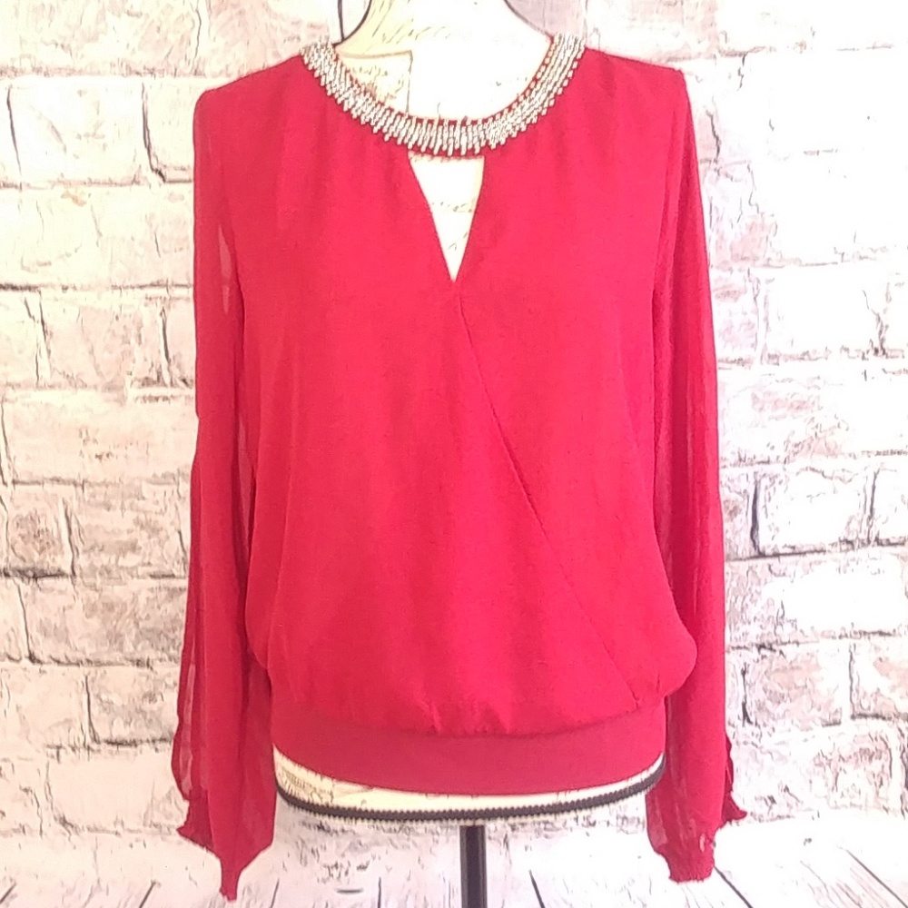 NWOT Sheer sleeve red blouse jeweled neckline